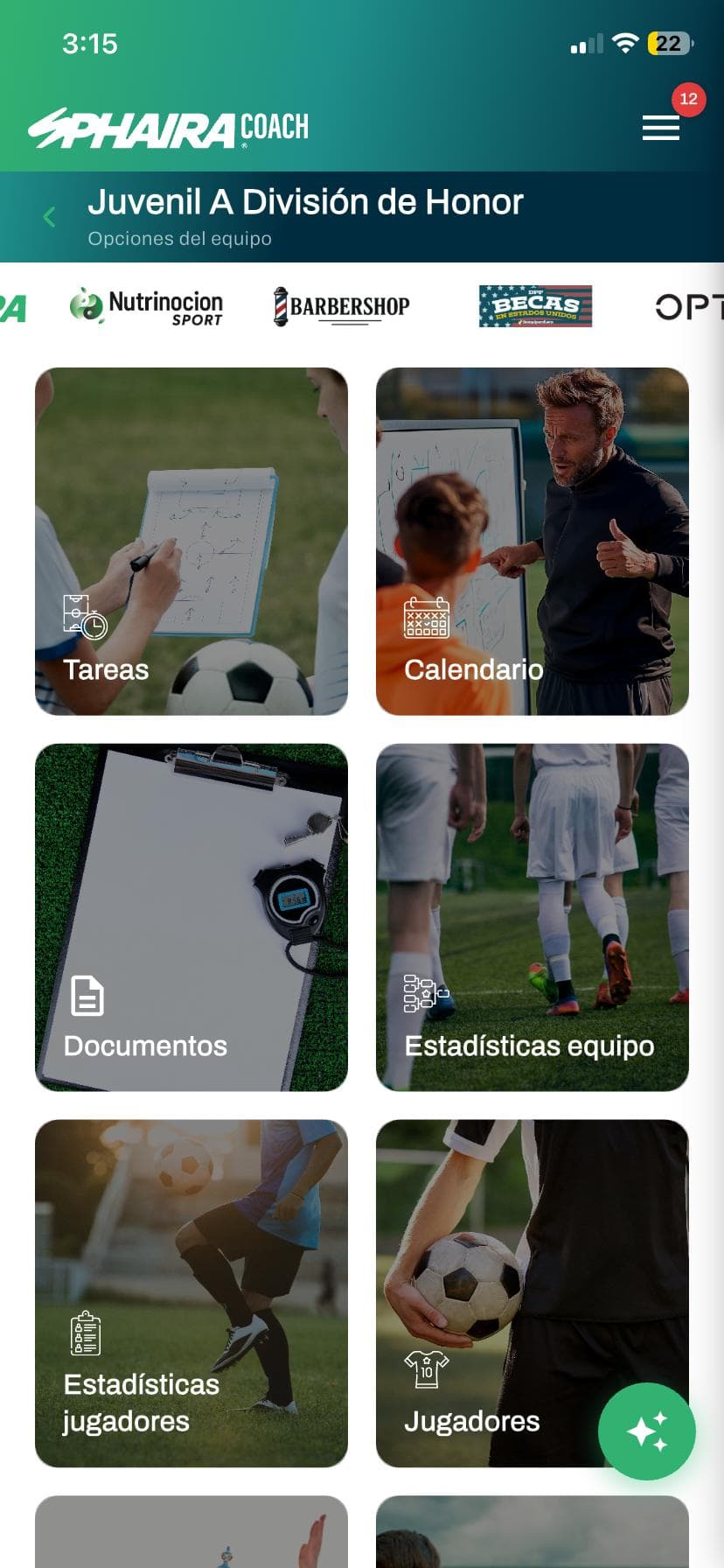 Vista móvil de menú principal