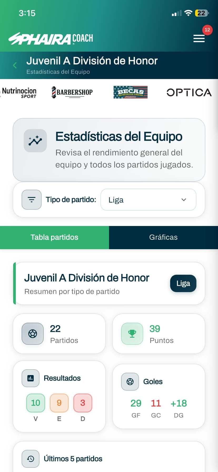 Vista móvil de jugadores